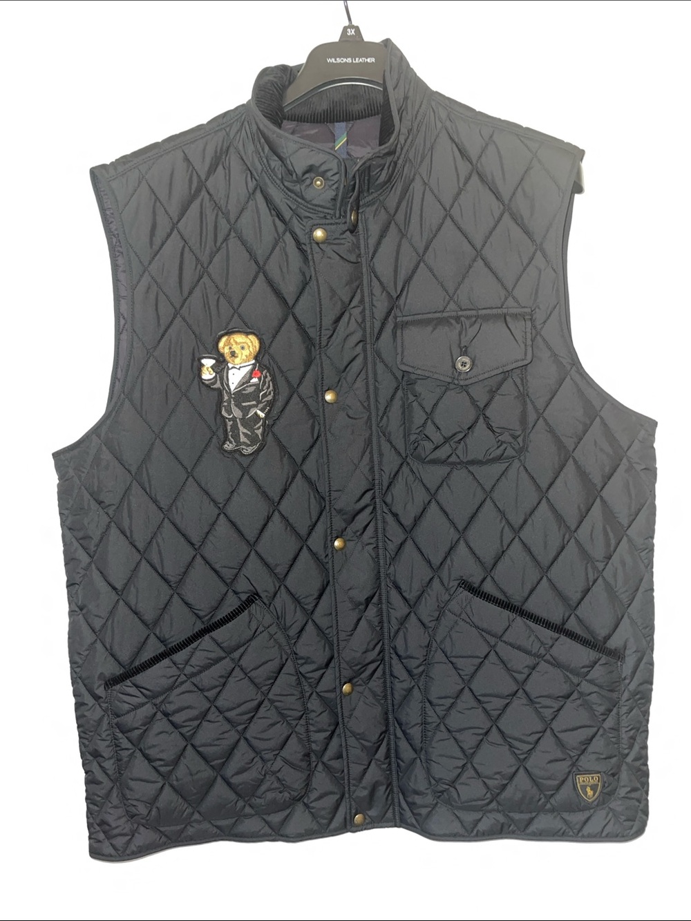Polo Ralph Lauren Black Quilted Vest with Brass Snap Detail with Polo Bear patch